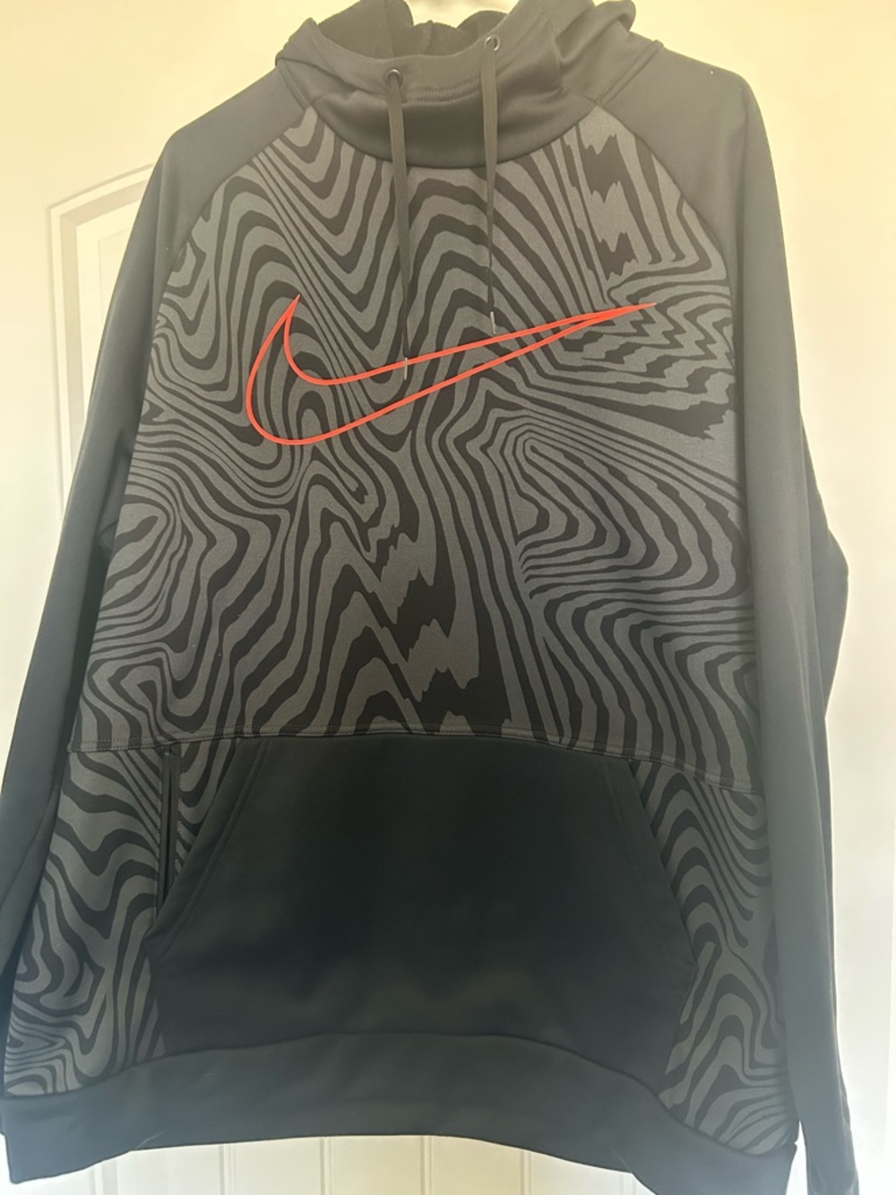 Nike Black Hoodie with Red Swoosh & Gray Pattern